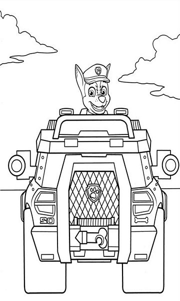 kolorowanka Psi Patrol do wydruku dla dzieci, piesek Chase w samochodzie nr 14